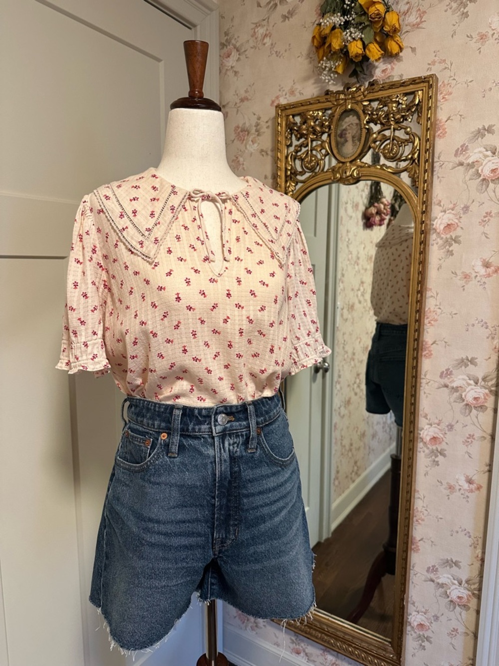 ba&sh Cream Blouse with Red Floral Print and Peter Pan Collar - Picture 3 of 14